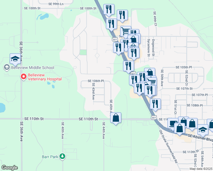 map of restaurants, bars, coffee shops, grocery stores, and more near 10739 Southeast 44th Terrace in Belleview