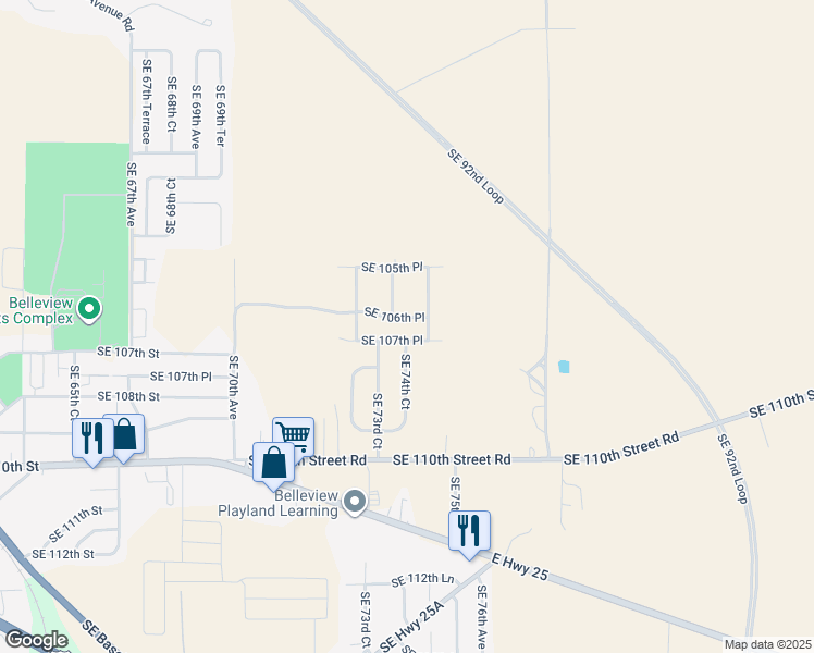 map of restaurants, bars, coffee shops, grocery stores, and more near 7309 Southeast 107th Place in Belleview