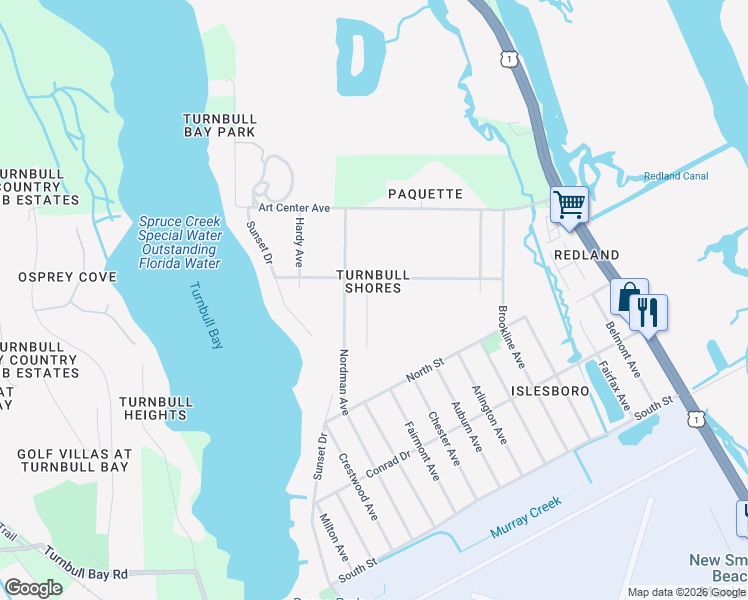 map of restaurants, bars, coffee shops, grocery stores, and more near 1051 Willard Street in New Smyrna Beach