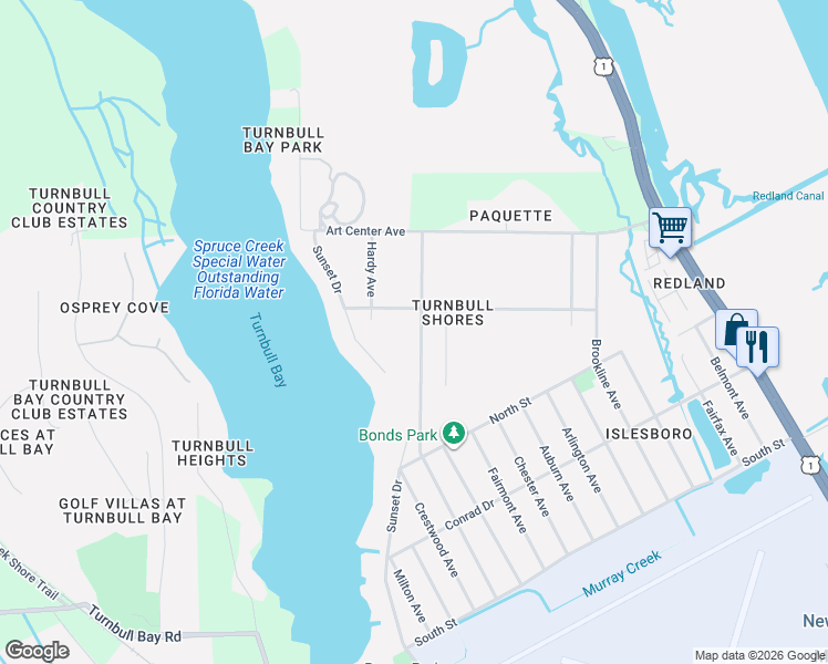 map of restaurants, bars, coffee shops, grocery stores, and more near 2824 Nordman Avenue in New Smyrna Beach