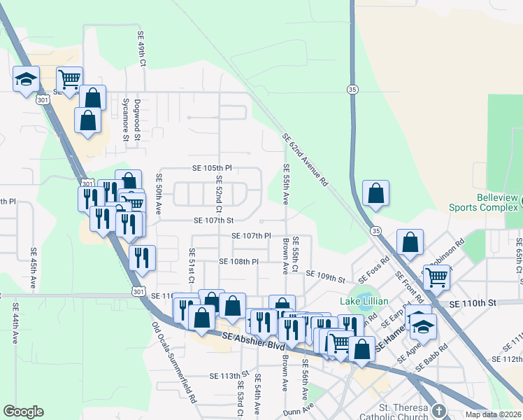 map of restaurants, bars, coffee shops, grocery stores, and more near 10647 Southeast 54th Avenue in Belleview