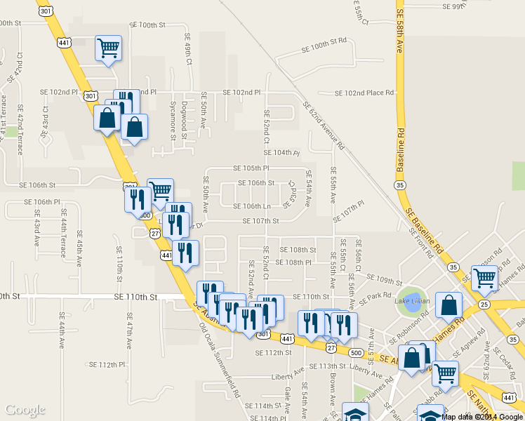 map of restaurants, bars, coffee shops, grocery stores, and more near 5224 Southeast 106th Lane in Belleview