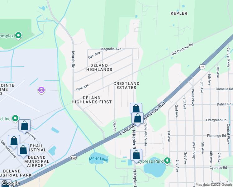 map of restaurants, bars, coffee shops, grocery stores, and more near 1819 Oak Street in DeLand