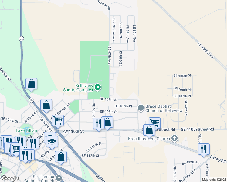 map of restaurants, bars, coffee shops, grocery stores, and more near 6745 Southeast 107th Street in Belleview