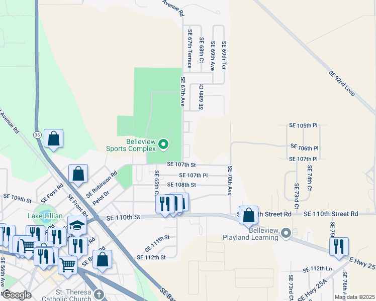 map of restaurants, bars, coffee shops, grocery stores, and more near 6745 Southeast 107th Street in Belleview