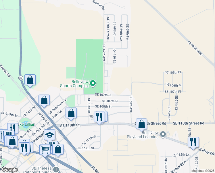 map of restaurants, bars, coffee shops, grocery stores, and more near 6745 Southeast 107th Street in Belleview