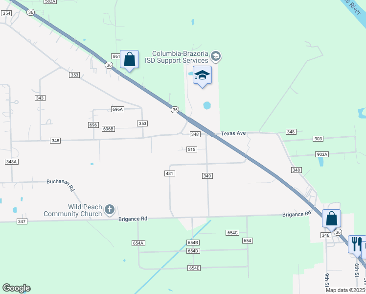 map of restaurants, bars, coffee shops, grocery stores, and more near 1124 County Road 515 in Brazoria