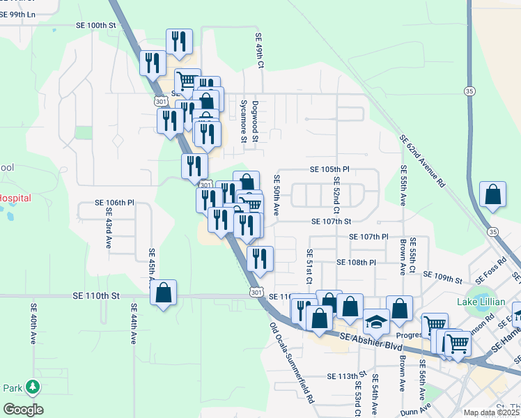 map of restaurants, bars, coffee shops, grocery stores, and more near 10431 Southeast 49th Court in Belleview
