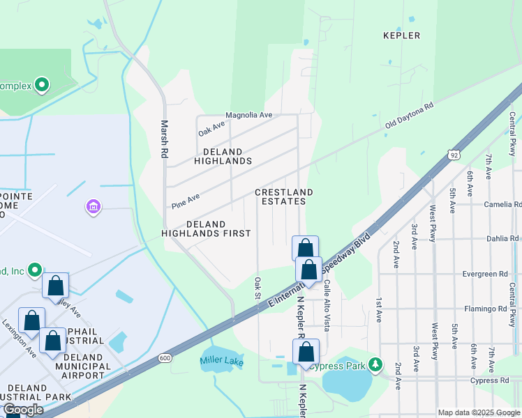 map of restaurants, bars, coffee shops, grocery stores, and more near 1819 Oak Street in DeLand