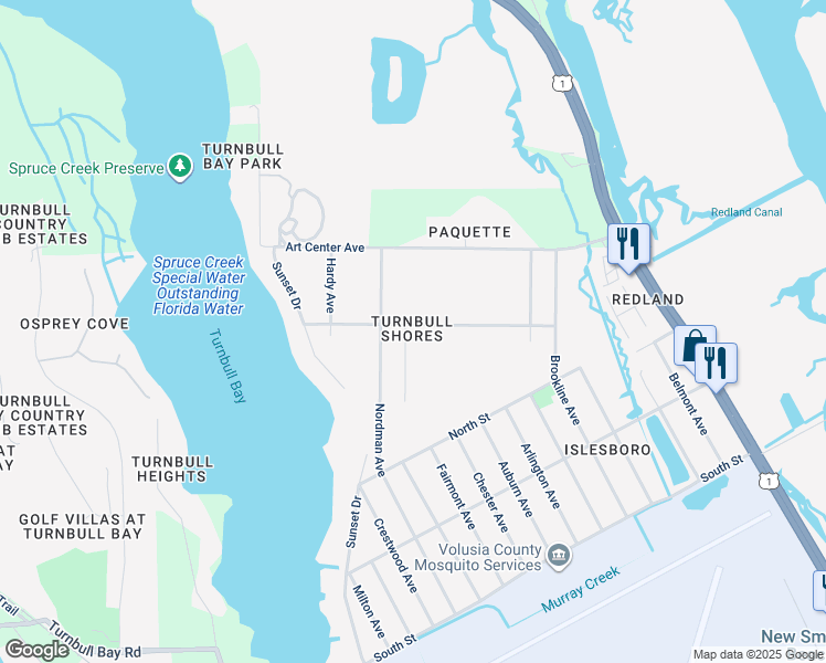map of restaurants, bars, coffee shops, grocery stores, and more near 1051 Willard Street in New Smyrna Beach