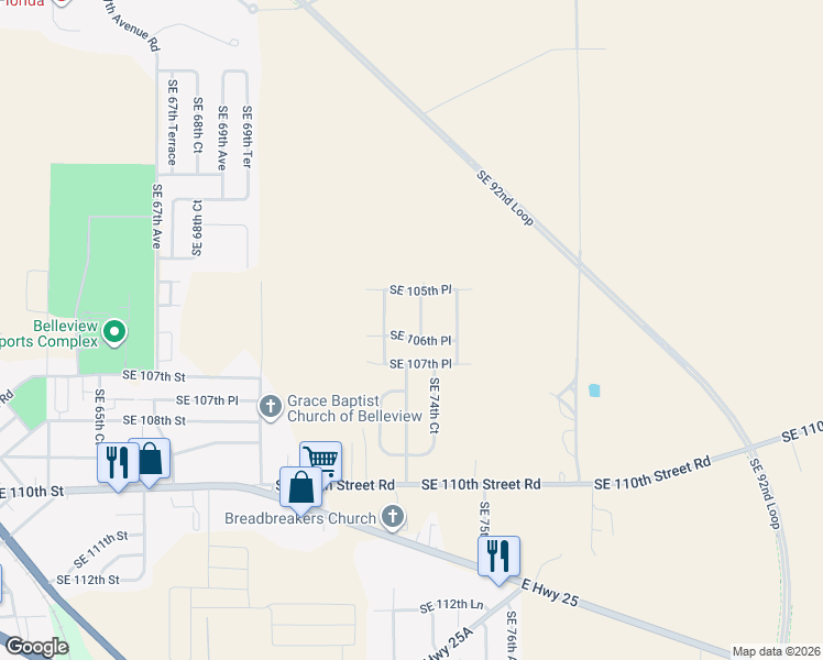 map of restaurants, bars, coffee shops, grocery stores, and more near 7309 Southeast 107th Place in Belleview