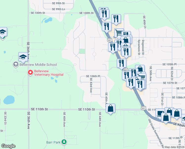 map of restaurants, bars, coffee shops, grocery stores, and more near 4265 Southeast 106th Street in Belleview