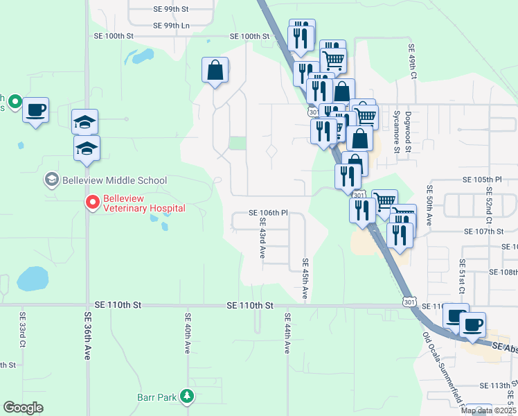 map of restaurants, bars, coffee shops, grocery stores, and more near 4265 Southeast 106th Street in Belleview