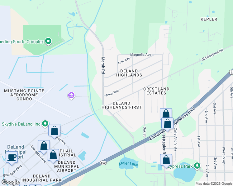 map of restaurants, bars, coffee shops, grocery stores, and more near 1604 Palmetto Avenue in DeLand