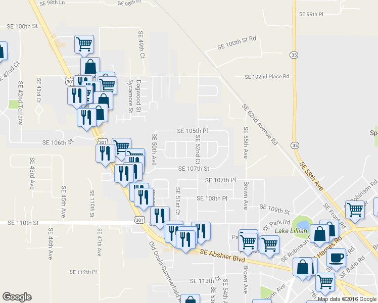 map of restaurants, bars, coffee shops, grocery stores, and more near 10629 Southeast 52nd Avenue in Belleview