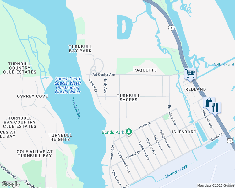 map of restaurants, bars, coffee shops, grocery stores, and more near 2910 Nordman Avenue in New Smyrna Beach