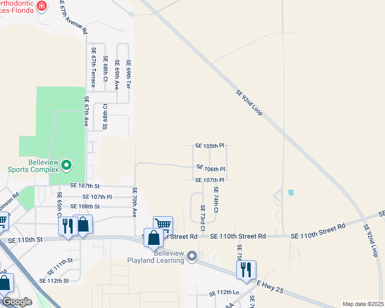 map of restaurants, bars, coffee shops, grocery stores, and more near 10565 Southeast 73rd Avenue in Belleview