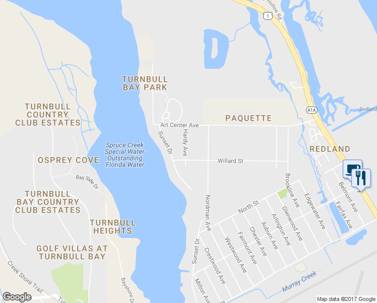 map of restaurants, bars, coffee shops, grocery stores, and more near 2907 Hardy Avenue in New Smyrna Beach