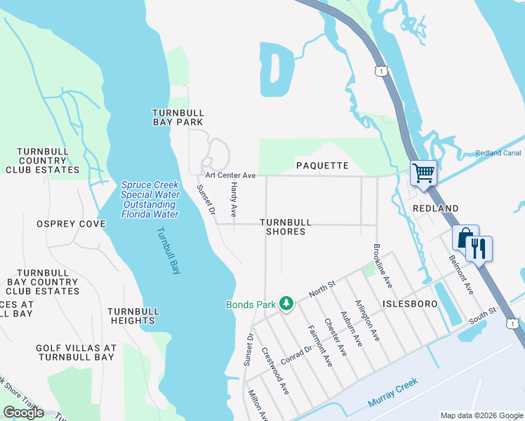 map of restaurants, bars, coffee shops, grocery stores, and more near 2910 Nordman Avenue in New Smyrna Beach