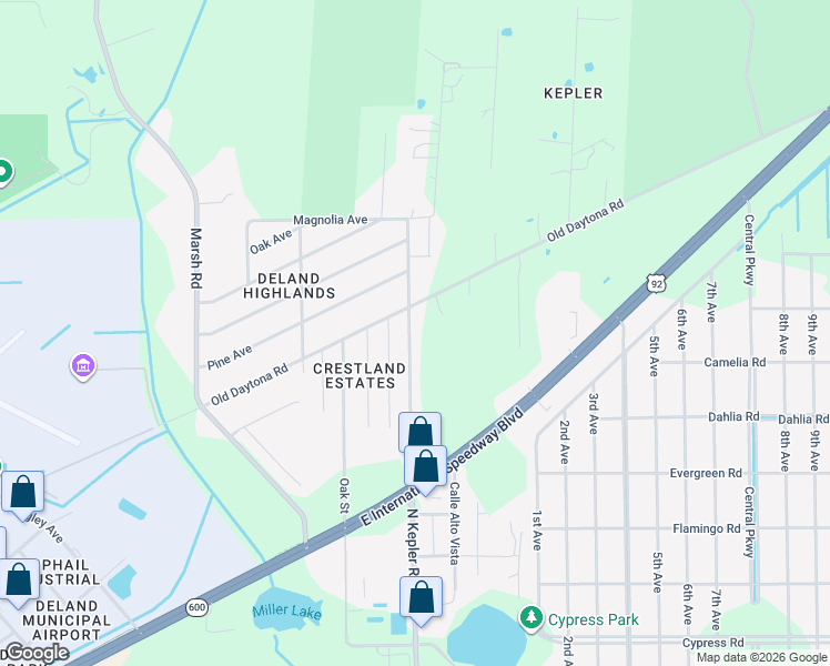map of restaurants, bars, coffee shops, grocery stores, and more near 2295 North Kepler Road in DeLand
