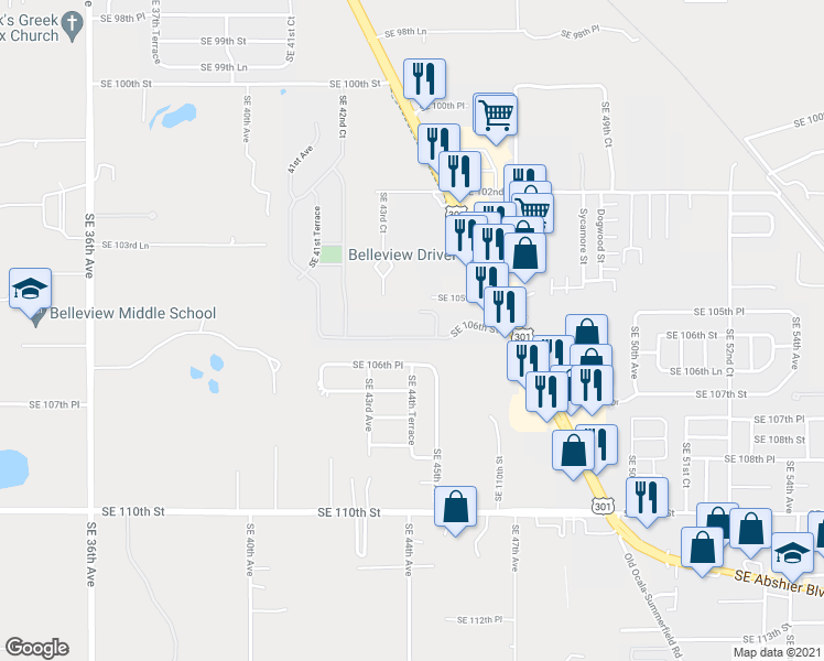 map of restaurants, bars, coffee shops, grocery stores, and more near 4425 Southeast 106th Street in Belleview