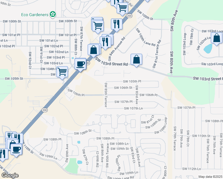 map of restaurants, bars, coffee shops, grocery stores, and more near 8522 Southwest 106th Street in Ocala