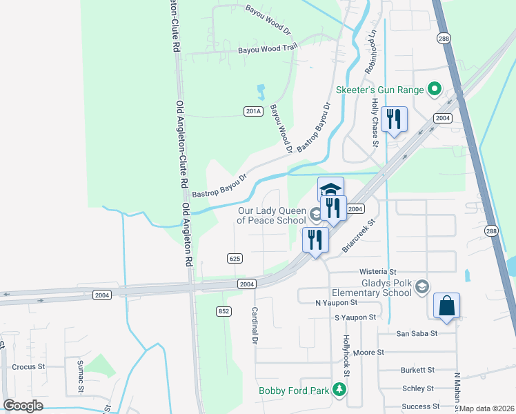 map of restaurants, bars, coffee shops, grocery stores, and more near 403 Tamarind Street in Lake Jackson