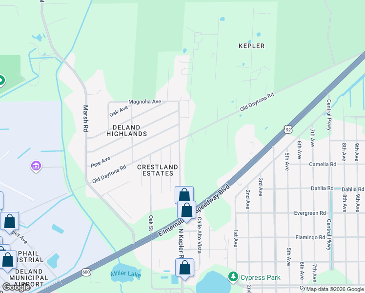 map of restaurants, bars, coffee shops, grocery stores, and more near 2295 North Kepler Road in DeLand