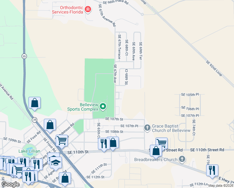 map of restaurants, bars, coffee shops, grocery stores, and more near 10588 Southeast 67 Court in Belleview