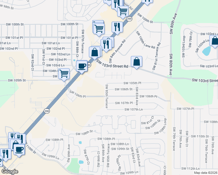map of restaurants, bars, coffee shops, grocery stores, and more near 8564 Southwest 106th Street in Ocala