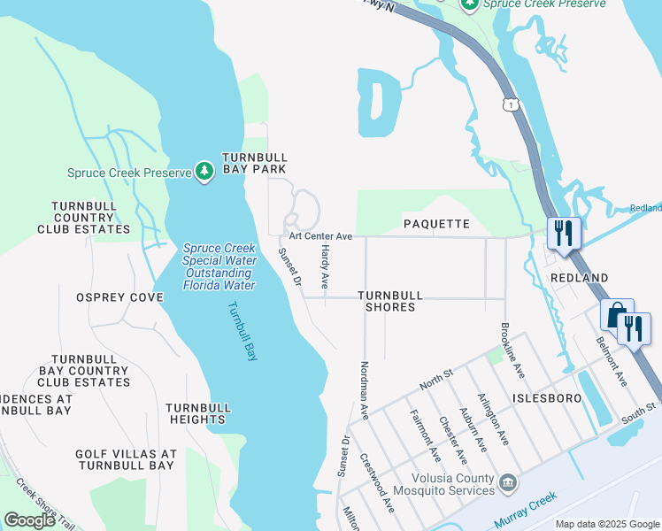 map of restaurants, bars, coffee shops, grocery stores, and more near 2907 Hardy Avenue in New Smyrna Beach