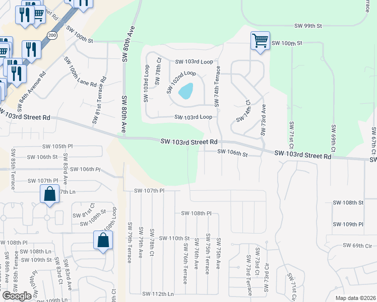 map of restaurants, bars, coffee shops, grocery stores, and more near Southwest 103rd Street Road in Ocala