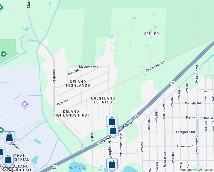 map of restaurants, bars, coffee shops, grocery stores, and more near 2360 North Kepler Road in DeLand