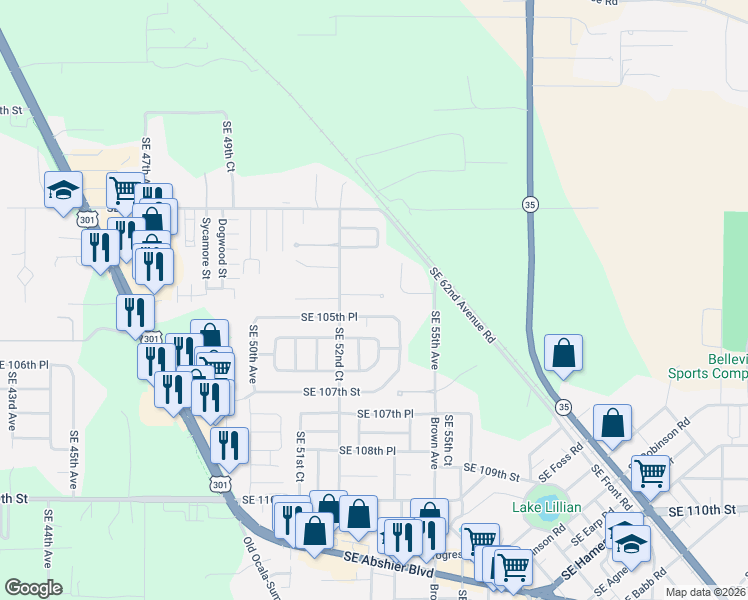 map of restaurants, bars, coffee shops, grocery stores, and more near 5348 Southeast 104th Place in Belleview