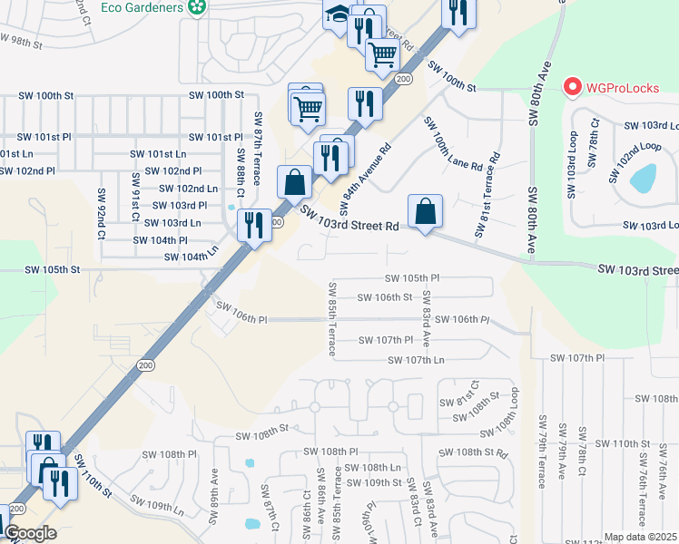map of restaurants, bars, coffee shops, grocery stores, and more near 8571 Southwest 105th Place in Ocala