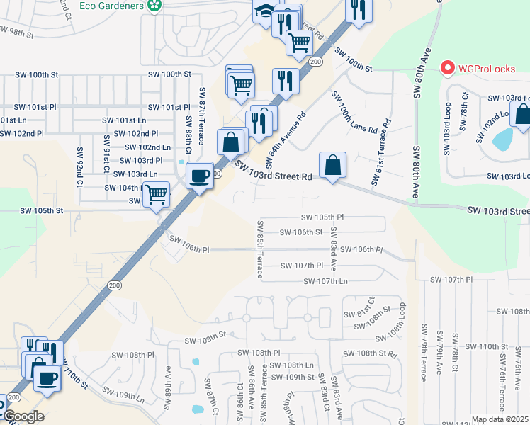 map of restaurants, bars, coffee shops, grocery stores, and more near 8571 Southwest 105th Place in Ocala