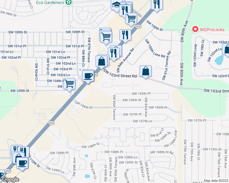 map of restaurants, bars, coffee shops, grocery stores, and more near 8571 Southwest 105th Place in Ocala
