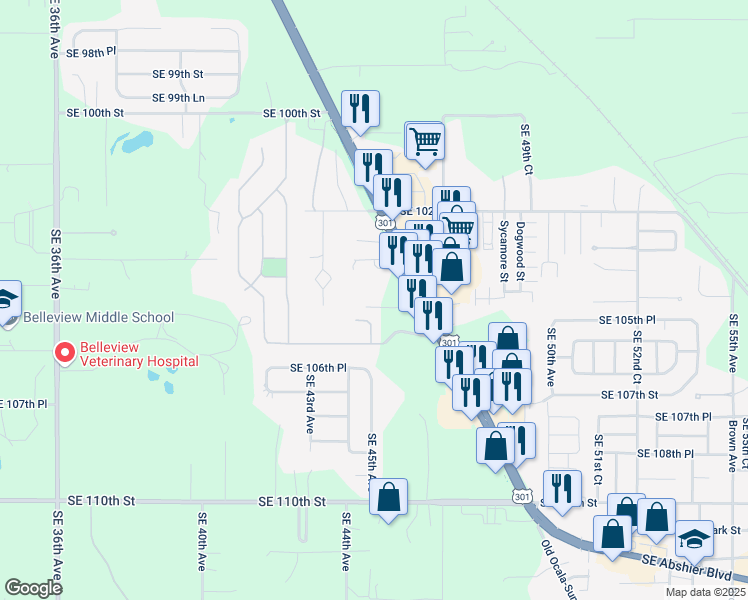 map of restaurants, bars, coffee shops, grocery stores, and more near 10460 SE US Highway 441 in Belleview