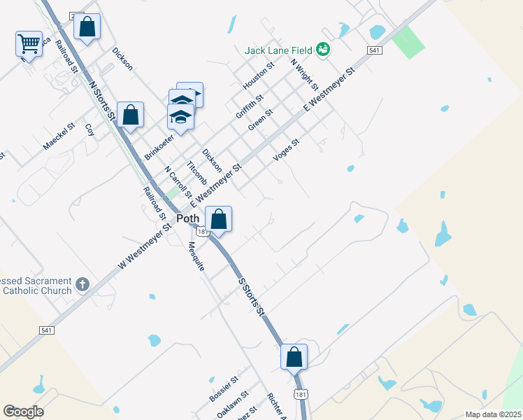 map of restaurants, bars, coffee shops, grocery stores, and more near 229 South Monkhouse Street in Poth
