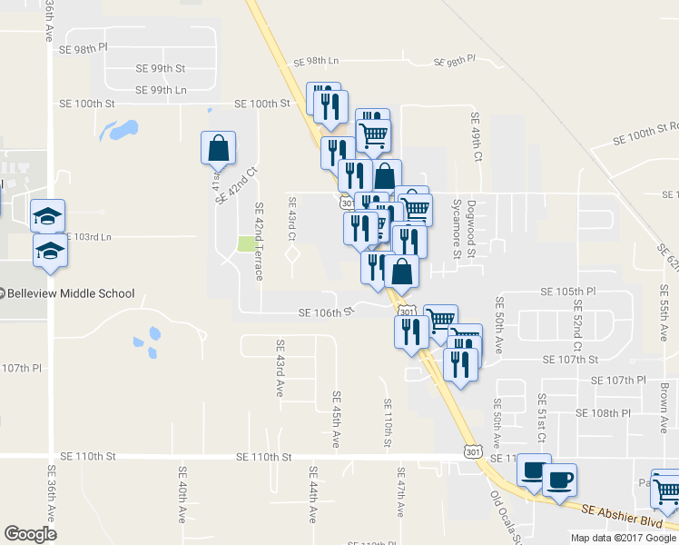map of restaurants, bars, coffee shops, grocery stores, and more near 10460 Southeast US Highway 441 in Belleview