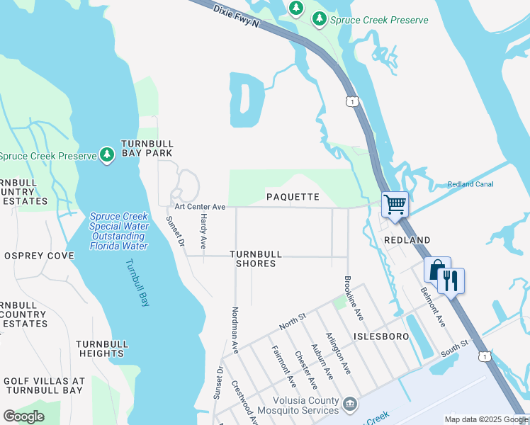 map of restaurants, bars, coffee shops, grocery stores, and more near 701 Art Center Avenue in New Smyrna Beach