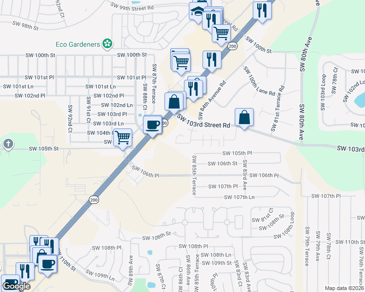 map of restaurants, bars, coffee shops, grocery stores, and more near 10441 Southwest 85th Court in Ocala