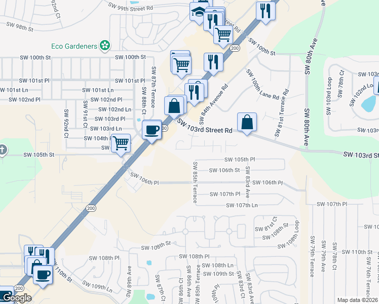 map of restaurants, bars, coffee shops, grocery stores, and more near 8571 Southwest 105th Place in Ocala