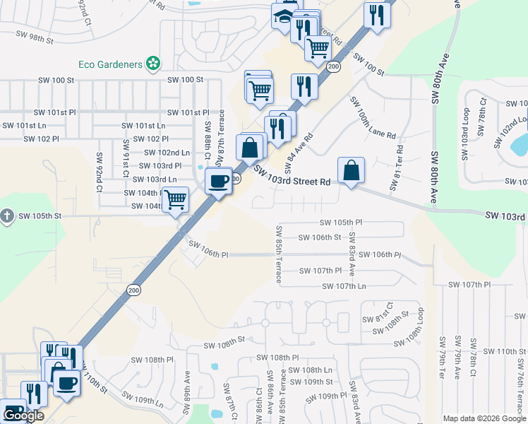 map of restaurants, bars, coffee shops, grocery stores, and more near 10441 Southwest 85th Court in Ocala