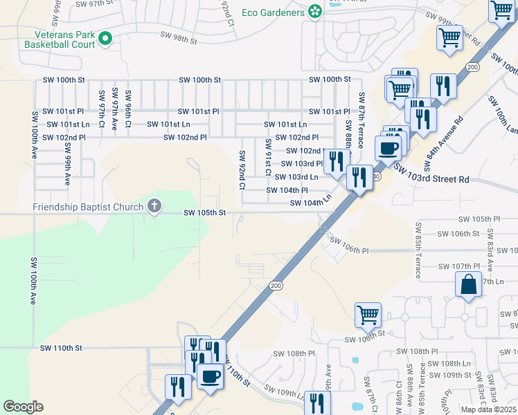 map of restaurants, bars, coffee shops, grocery stores, and more near 9200 Southwest 104th Lane in Ocala