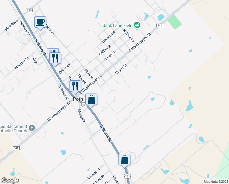 map of restaurants, bars, coffee shops, grocery stores, and more near 229 South Monkhouse Street in Poth