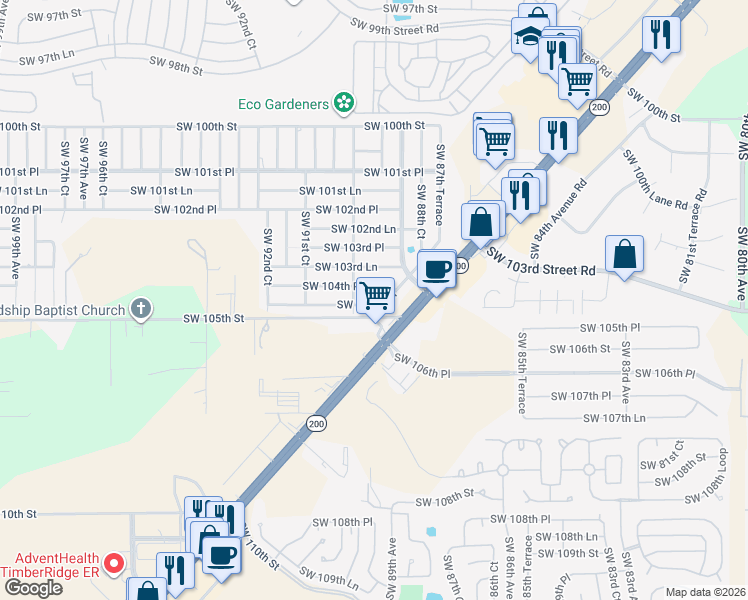 map of restaurants, bars, coffee shops, grocery stores, and more near 8917 Southwest 104th Place in Ocala