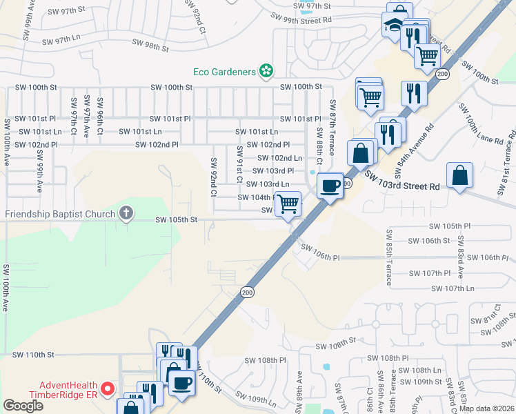 map of restaurants, bars, coffee shops, grocery stores, and more near 9095 Southwest 104th Place in Ocala