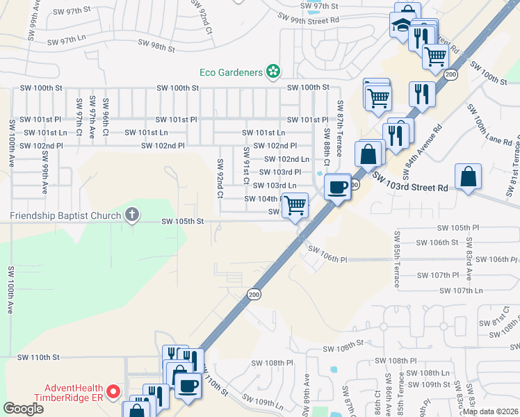 map of restaurants, bars, coffee shops, grocery stores, and more near 9095 Southwest 104th Place in Ocala