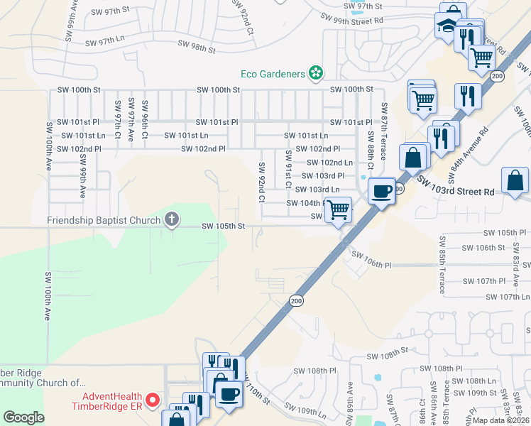 map of restaurants, bars, coffee shops, grocery stores, and more near 9195 Southwest 104th Place in Ocala